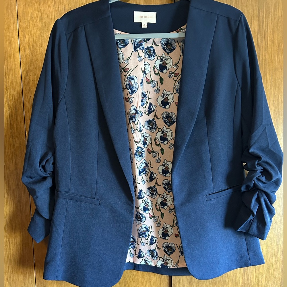 Navy Ruffle Sleeve Blazer
